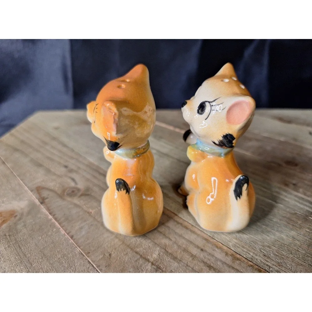 Vintage Ceramic Cat Salt & Pepper Shakers Orange Blue Collar Mid Century Kitsch